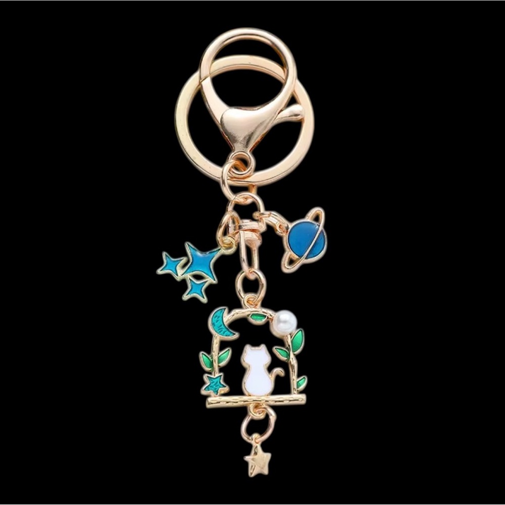 Gold and Blue Cat bag charm keychain